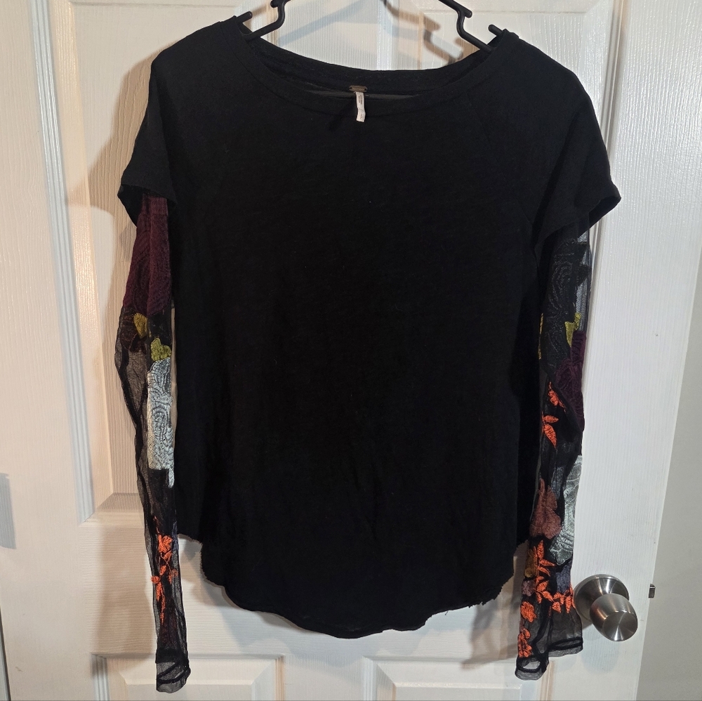 Free People Black Top with Multicolor Lace Sleeves
